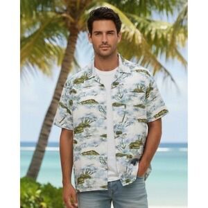 VTG Modigliani Hawaiian Shirt L Blue Tropical Island Print Vintage Rayon‎ Beach